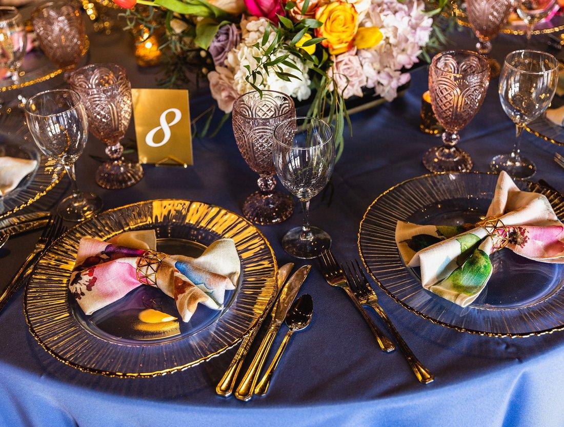 Elegant place setting with flowers for a gala dinner