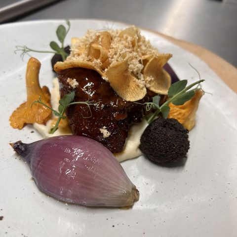 Ox Cheek, Cauliflower Purée, Girolles and Beef Jus
