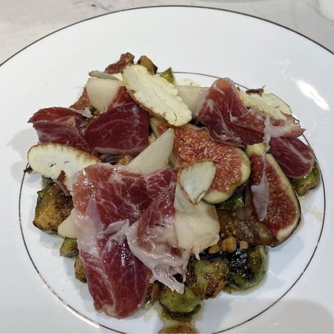 Chestnut, Ibérico Ham, Figs and Jerusalem Artichoke Salad with Raspberry Dressing