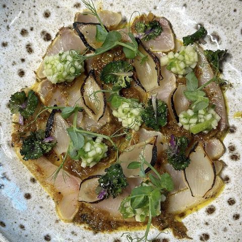 Yellow Tail Hamachi, Curry Marinade, Jalapeño and Green Apple Chutney and Chipolatas