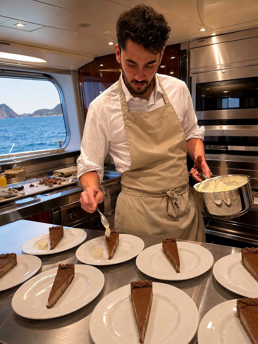 Alejandro plating dishes on a yacht deck at sunset